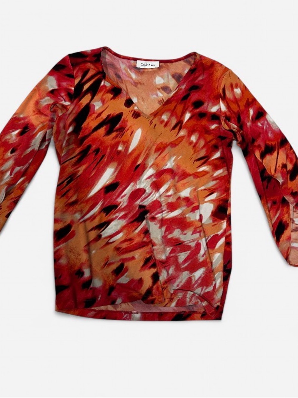 Calvin Klein Multi-Color Abstract V-Neck Long Sleeve Top ❤️🧡